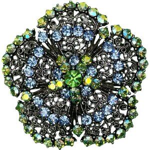 Vintage Mid-Century Green Blue Rhinestone Filigree Floral Brooch / Pendant